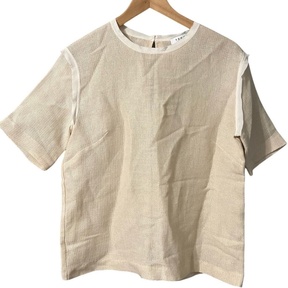 Sandro Paris Top Women’s Size 1 Small Cream Textured Mesh Open-Back Short Sleeve